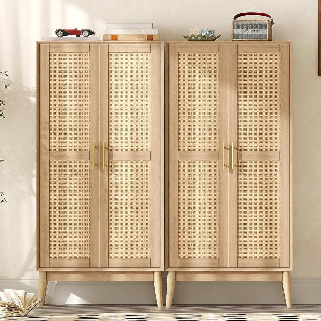 Keehusux 55' Rattan Tall Storage Cabinet, Bathroom Floor Cabinet with 2 Doors, Adujustable Shelf and Solid Wood Legs, Cupboard, Kitchen Pantry for Living Room, Dining Room, Natural KES020MCWG