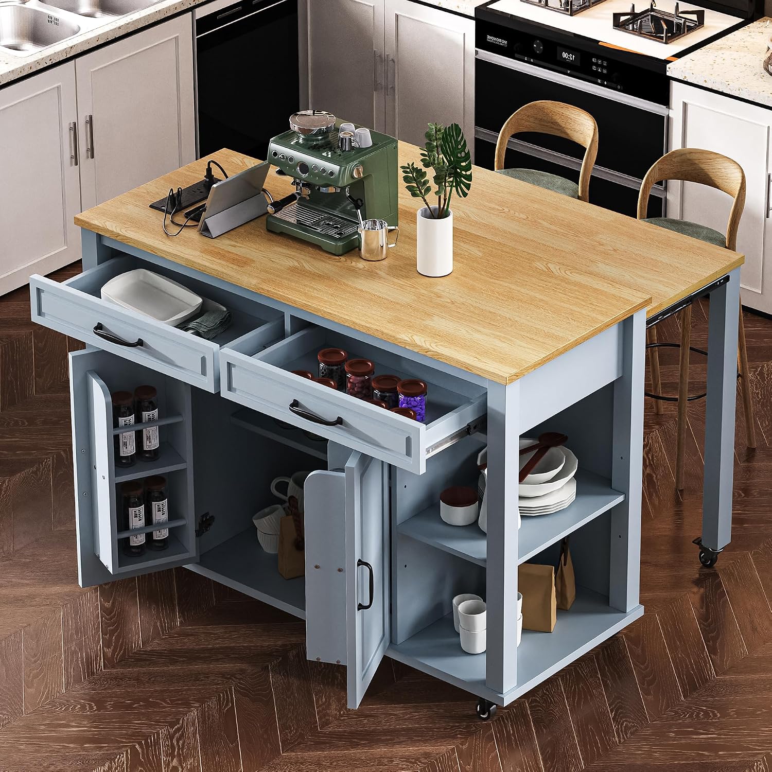 47' Kitchen Island with Extendable Dining Table, Rubber Wood Veneer Kitchen Table with Internal Storage Rack, Power Outlet, 2 Drawers, 2 Cabinet for Kitchen, Dining Room, Grey Blue