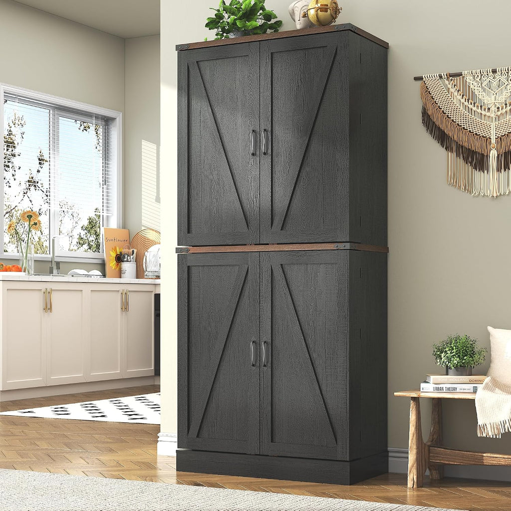 71' Tall Kitchen Pantry Cabinet, Farmhouse Tall Kitchen Storage Cabinet with Adjustable Shelves & 4 Barn Style Doors, Wooden Storage Cabinet for Kitchen, Dining Room, Living Room, Bathroom, Office