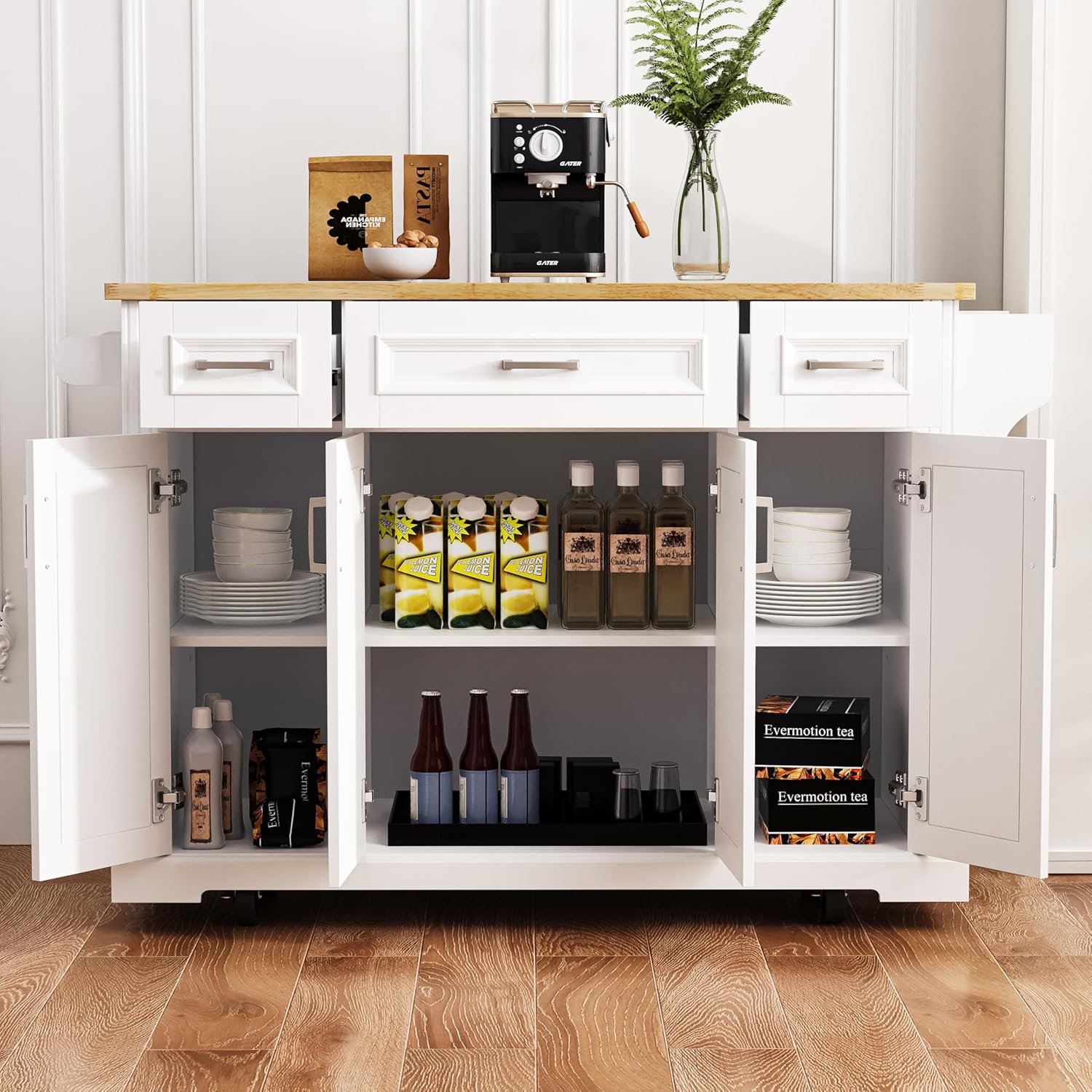 54' Rolling Storage Kitchen Island Cart on 4 Wheels with Drop Leaf, Embossed Texture, 4 Doors and 3 Drawers for Kitchen, Dining Room, White, Rubber Wood Top