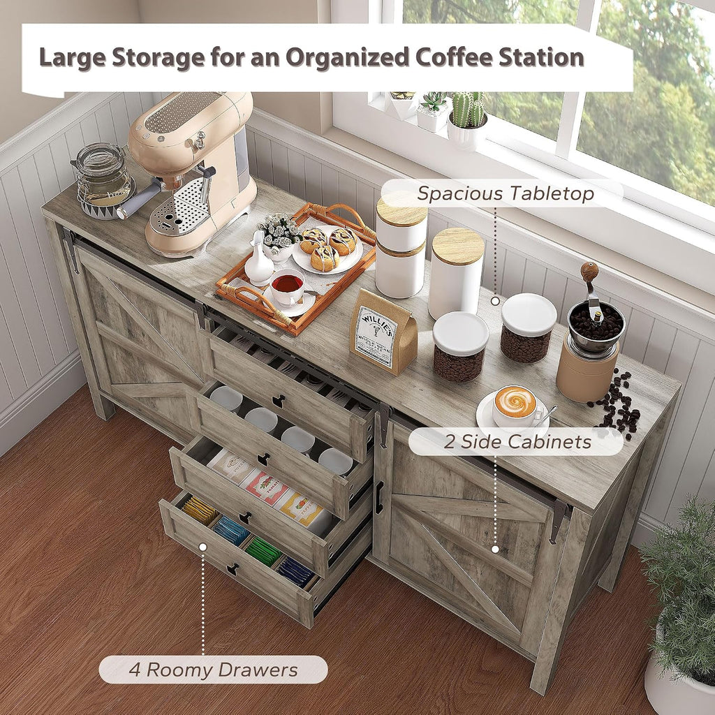 HOMCOM 59 Inch Farmhouse Sideboard Buffet Cabinet with Thick Top, Coffee Bar Cabinet with 2 Sliding Barn Doors, 4 Drawers and 2 Adjustable Shelves for Kitchen, Gray Wash