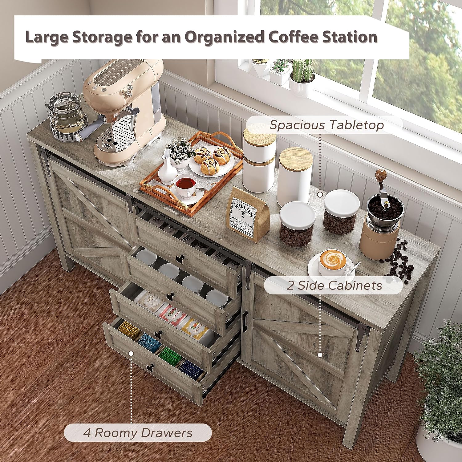 HOMCOM 59 Inch Farmhouse Sideboard Buffet Cabinet with Thick Top, Coffee Bar Cabinet with 2 Sliding Barn Doors, 4 Drawers and 2 Adjustable Shelves for Kitchen, Gray Wash