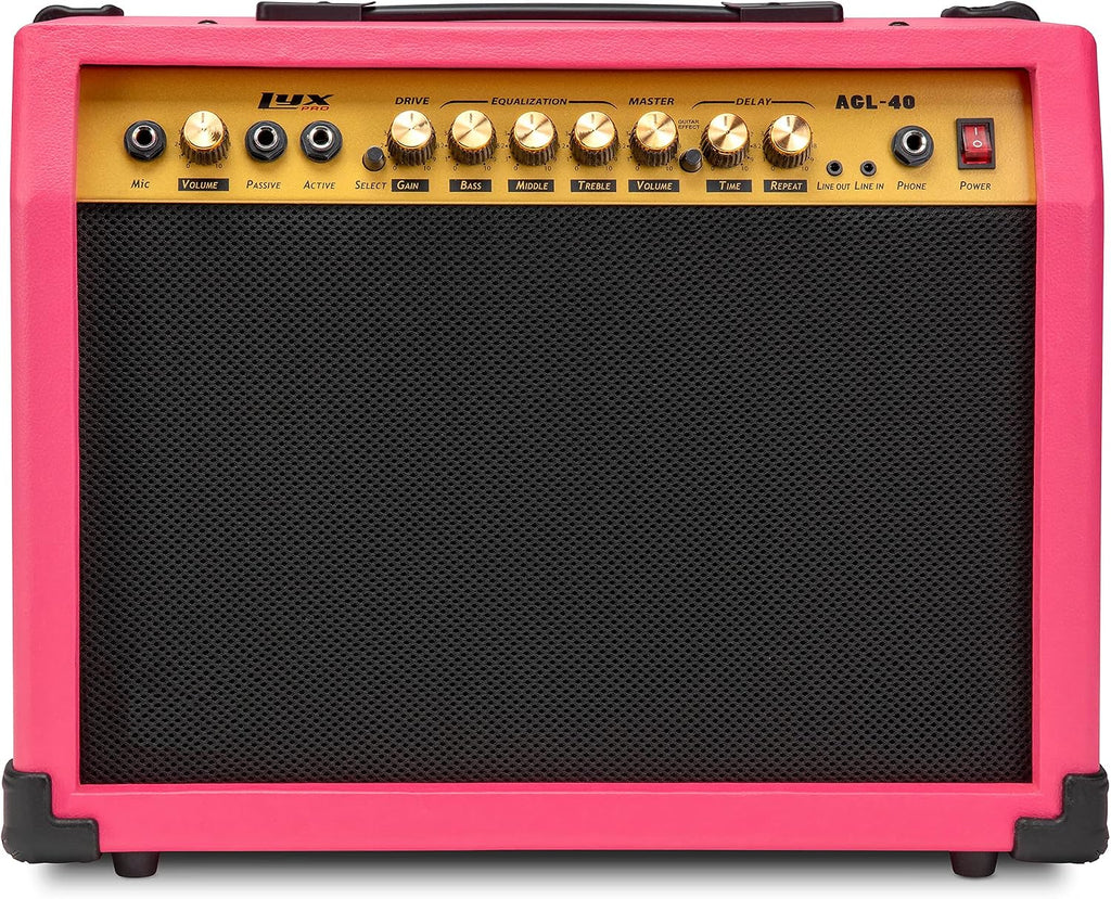 LyxPro 40 Watt Electric Guitar Amplifier | Combo Solid State Studio Amp with 8' 4-Ohm Speaker, Custom EQ Controls, Drive, Delay, ¼' Passive/Active/Microphone Inputs, Aux In & Headphone Jack - Pink