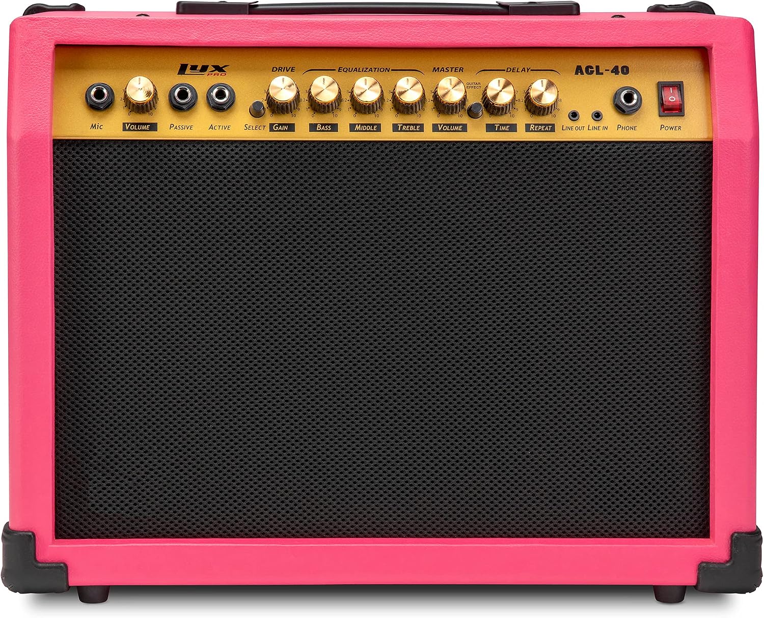 LyxPro 40 Watt Electric Guitar Amplifier | Combo Solid State Studio Amp with 8' 4-Ohm Speaker, Custom EQ Controls, Drive, Delay, ¼' Passive/Active/Microphone Inputs, Aux In & Headphone Jack - Pink