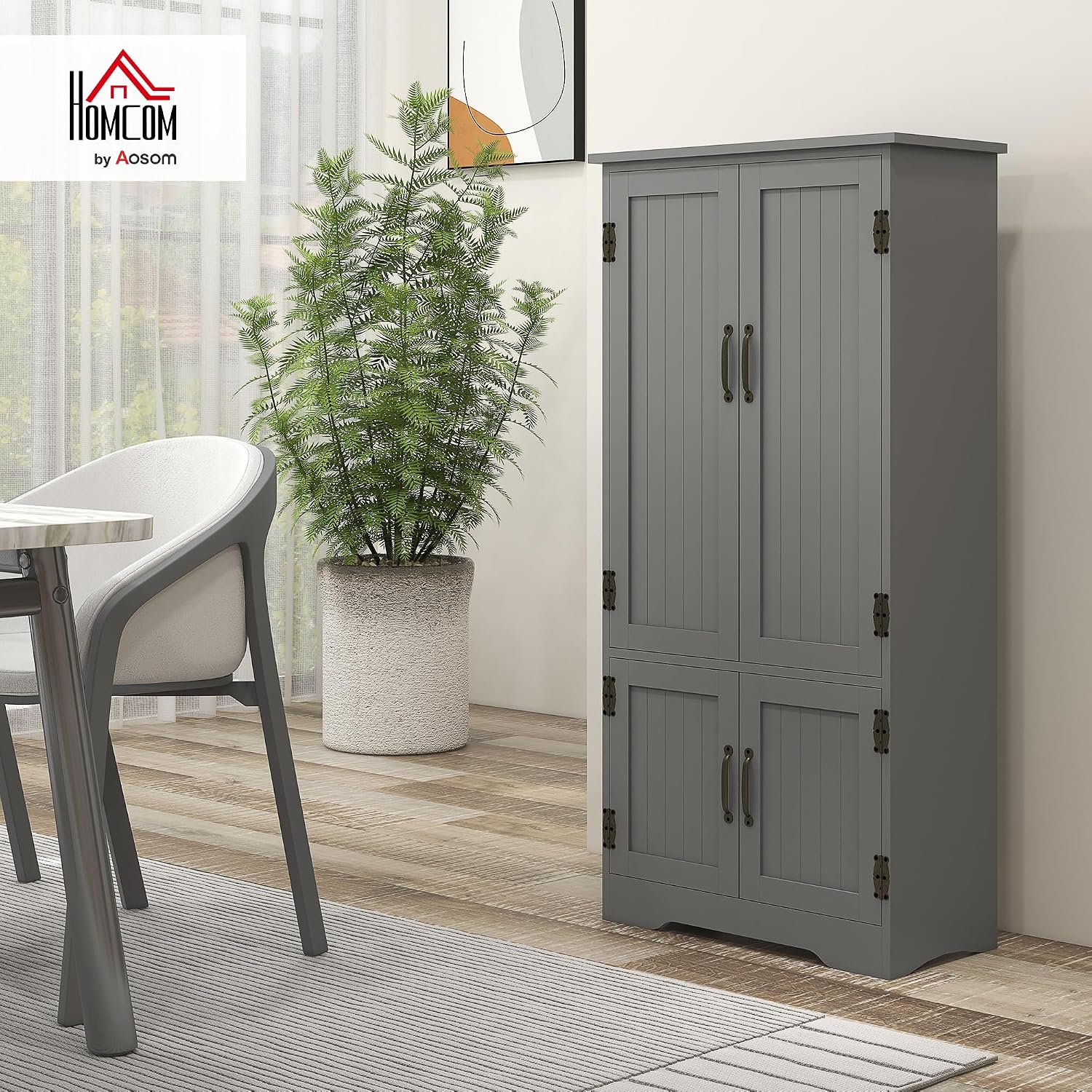 HOMCOM 48.5' Kitchen Pantry Cabinet with 2 Adjustable Shelves and 4 Beadboard Doors, Compact Farmhouse Kitchen Storage Cabinet for Dining Room, Gray