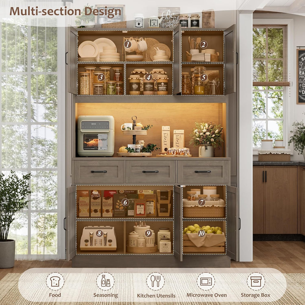 HOSTACK 72' Tall Kitchen Pantry Cabinet with Charing Station | LED Lights, 47' W Kitchen Pantry Storage Cabinet with Countertop, Modern Kitchens Hutch Cabinets with Storage for Dining Room, Ash Gray