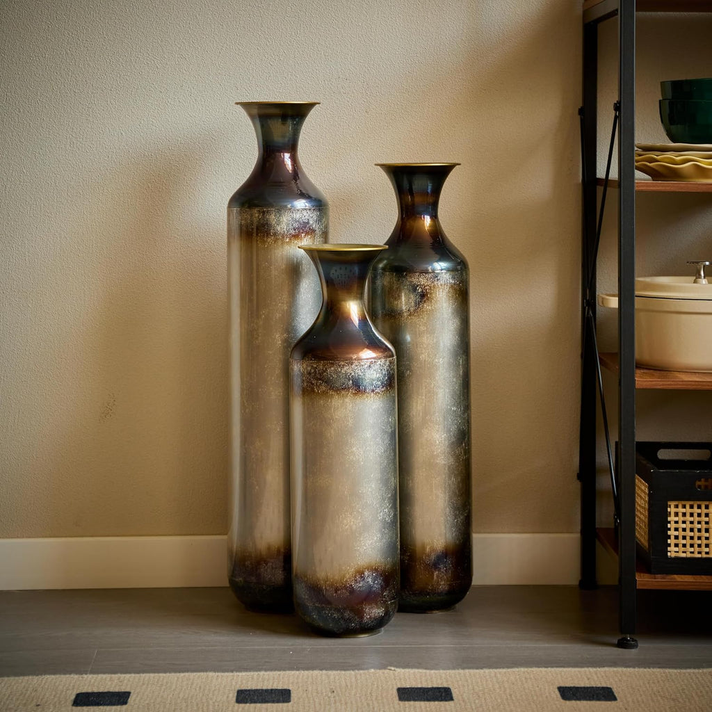 Floor Vases, Tall Home Decor Metal Vase Set of 3 Large Glazed Decorative Vases for Wedding Decor, Elegant Modern Flower Holder for Living Room, Entryway, Hallway