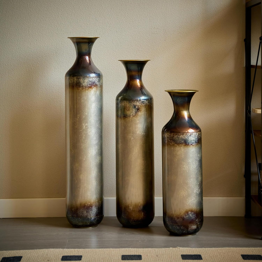 Floor Vases, Tall Home Decor Metal Vase Set of 3 Large Glazed Decorative Vases for Wedding Decor, Elegant Modern Flower Holder for Living Room, Entryway, Hallway