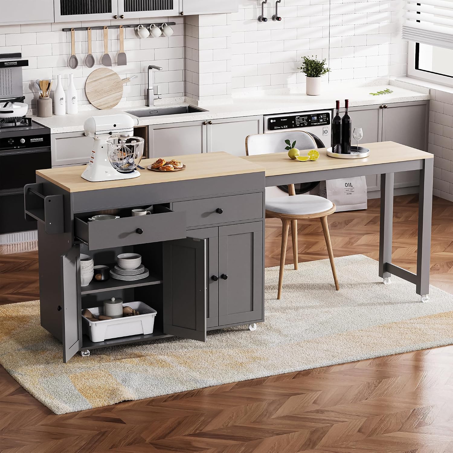 74.5' Rolling Kitchen Island with Extendable Dining Table, Storage Cart on Wheels with 2 Drawers, Spice Rack, 4 Door Cabinet for Kitchen, Dining Room, Grey