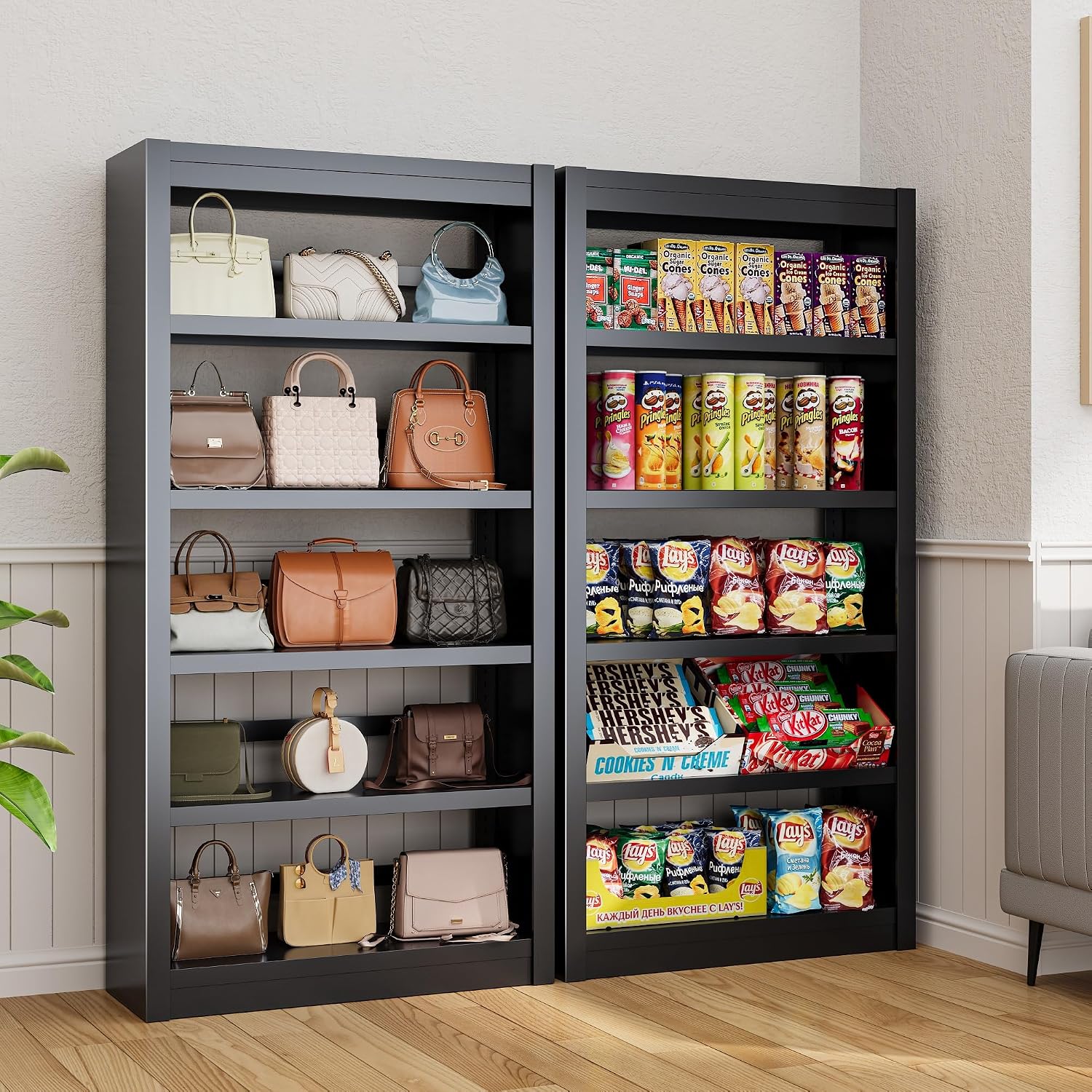 Metal Snack Organizer, 61' H Candy Display Rack with 4 Adjustable Shelves, 800LB Capacity Heavy Duty Snack Rack Display Stand for Pantry, Office, Living Room