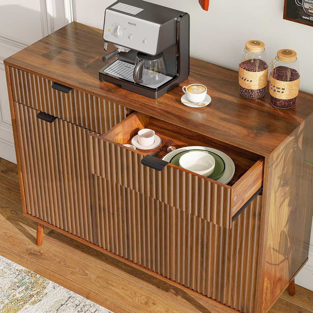 LYNCOHOME Fluted Sideboard Buffet Cabinet with Storage,2 Drawers and 3 Doors,Wood Coffee Bar Cabinet with Solid Wood Feet for Kitchen,Hallway