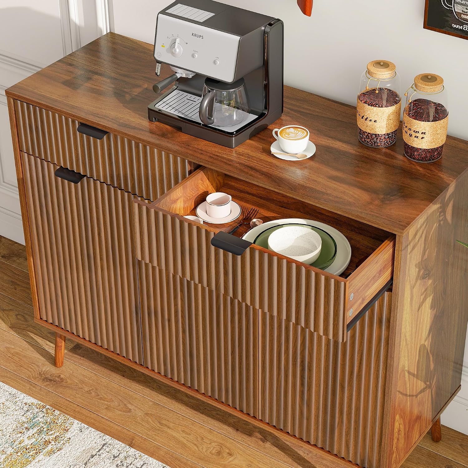 LYNCOHOME Fluted Sideboard Buffet Cabinet with Storage,2 Drawers and 3 Doors,Wood Coffee Bar Cabinet with Solid Wood Feet for Kitchen,Hallway