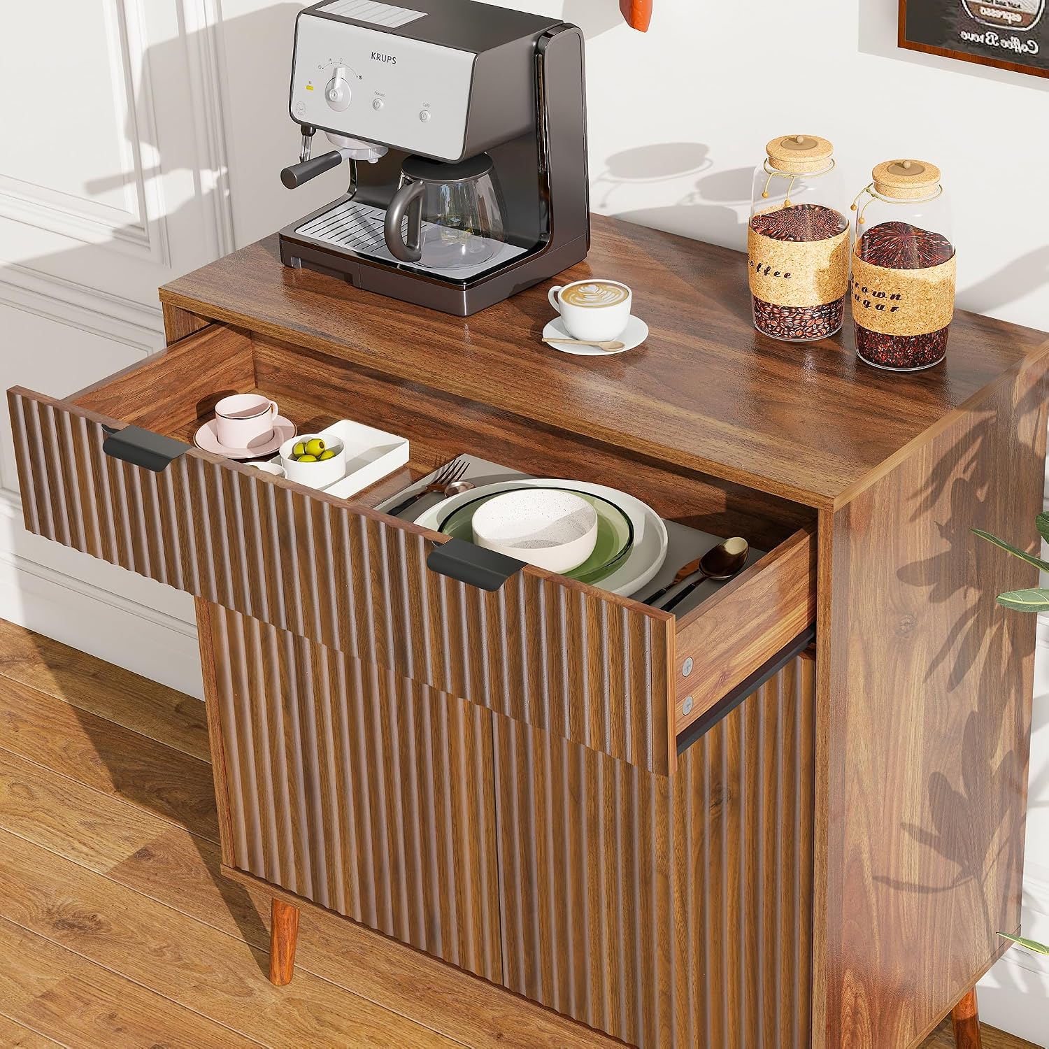 LYNCOHOME Fluted Sideboard Buffet Cabinet with Storage, 1 Drawers and 2 Doors,Solid Wood Feet for Kitchen, Hallway