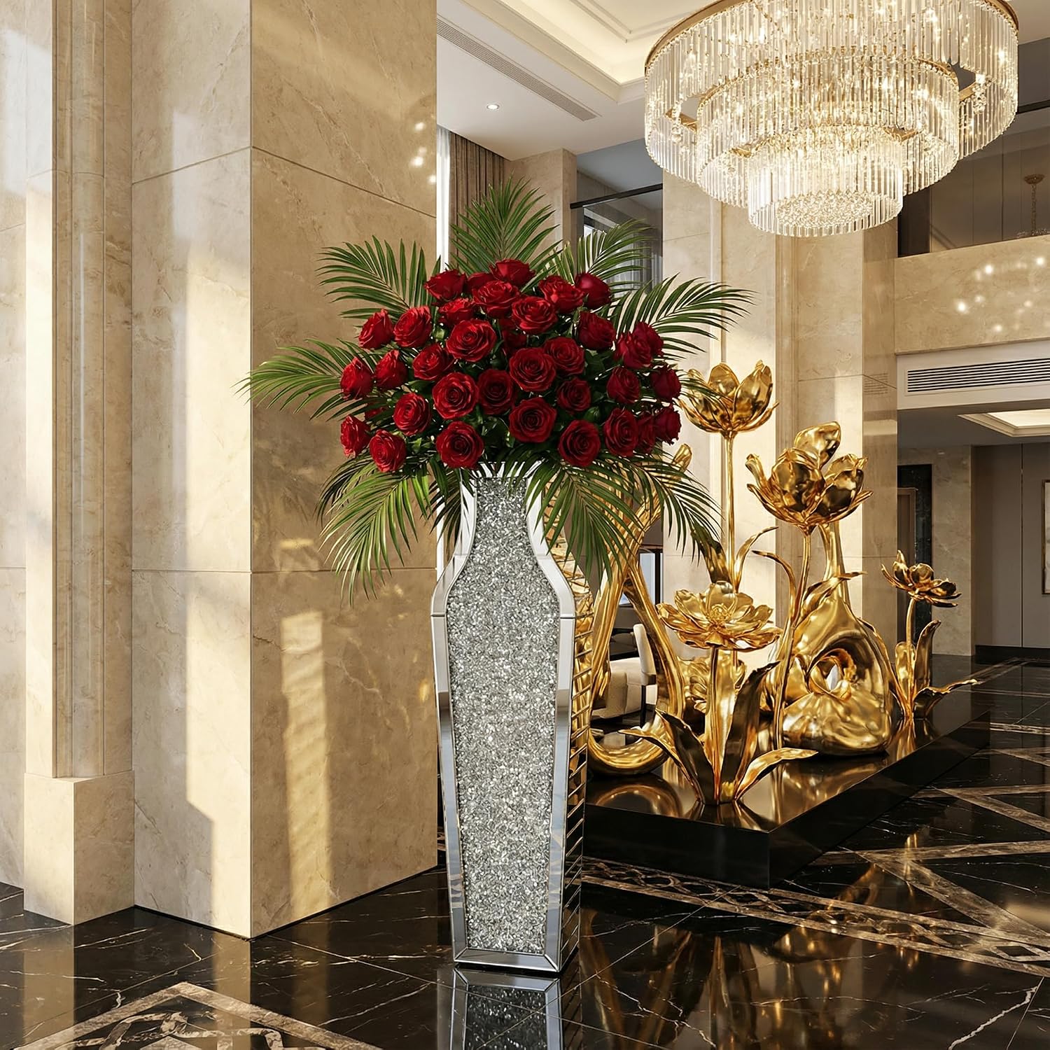 30' Large Double Sided Crushed Diamond Floor Vases,Tall Silver Mirrored Crystal Vase for Floor,Big Floor Vases Decorative Tall for Home,Office,Hotel(Silver,8.6' L x 5.3' W x 30' H)