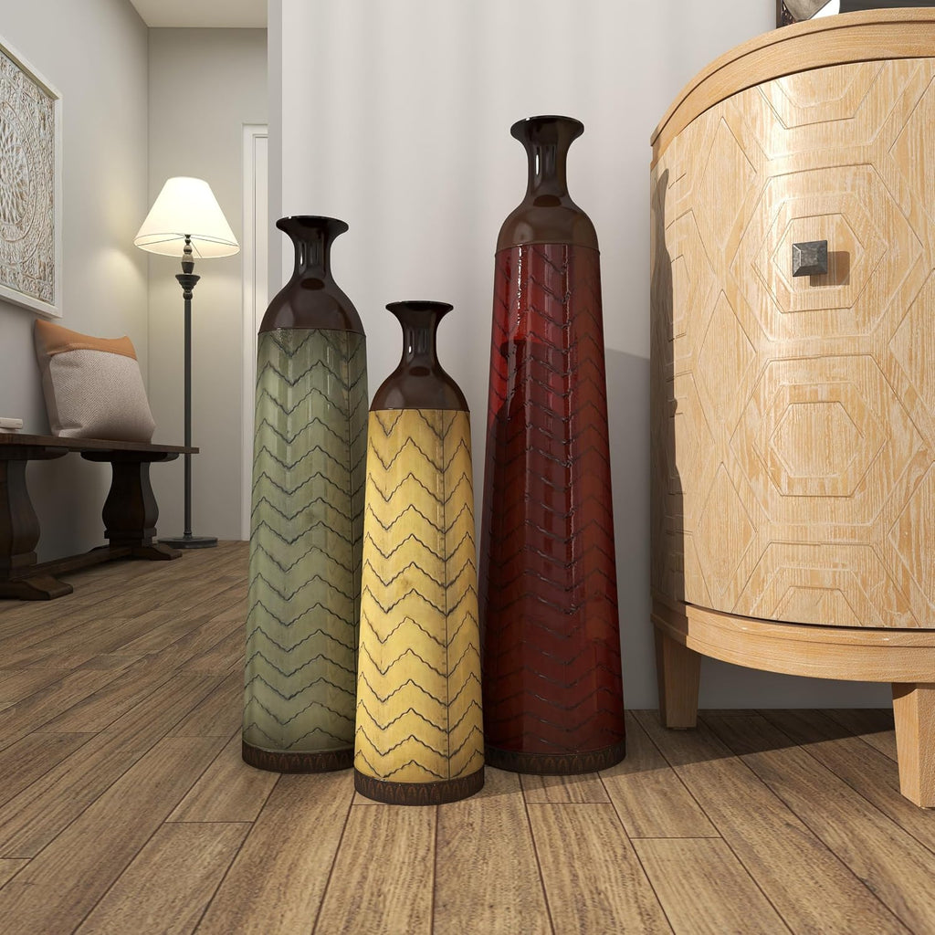 Deco 79 Metal Decorative Vase Tall Enameled Bottleneck Floor Centerpiece Vases with Chevron Pattern, Set of 3 Vases for Home Decoration 32', 27', 22'H, Multi Colored