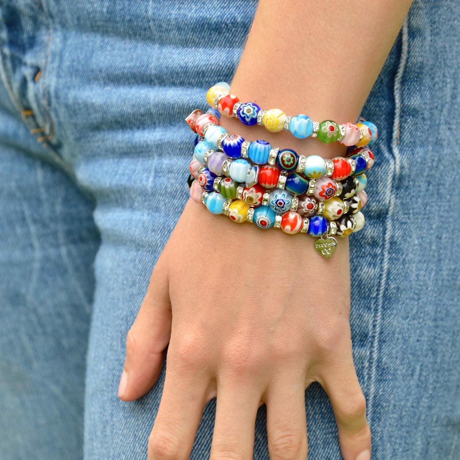MY ITALIAN DÉCOR - Murano Glass Millefiori Bead Bracelet SET OF 3 | Beaded Bracelet with Elastic | Handmade for Woman | Made In Italy