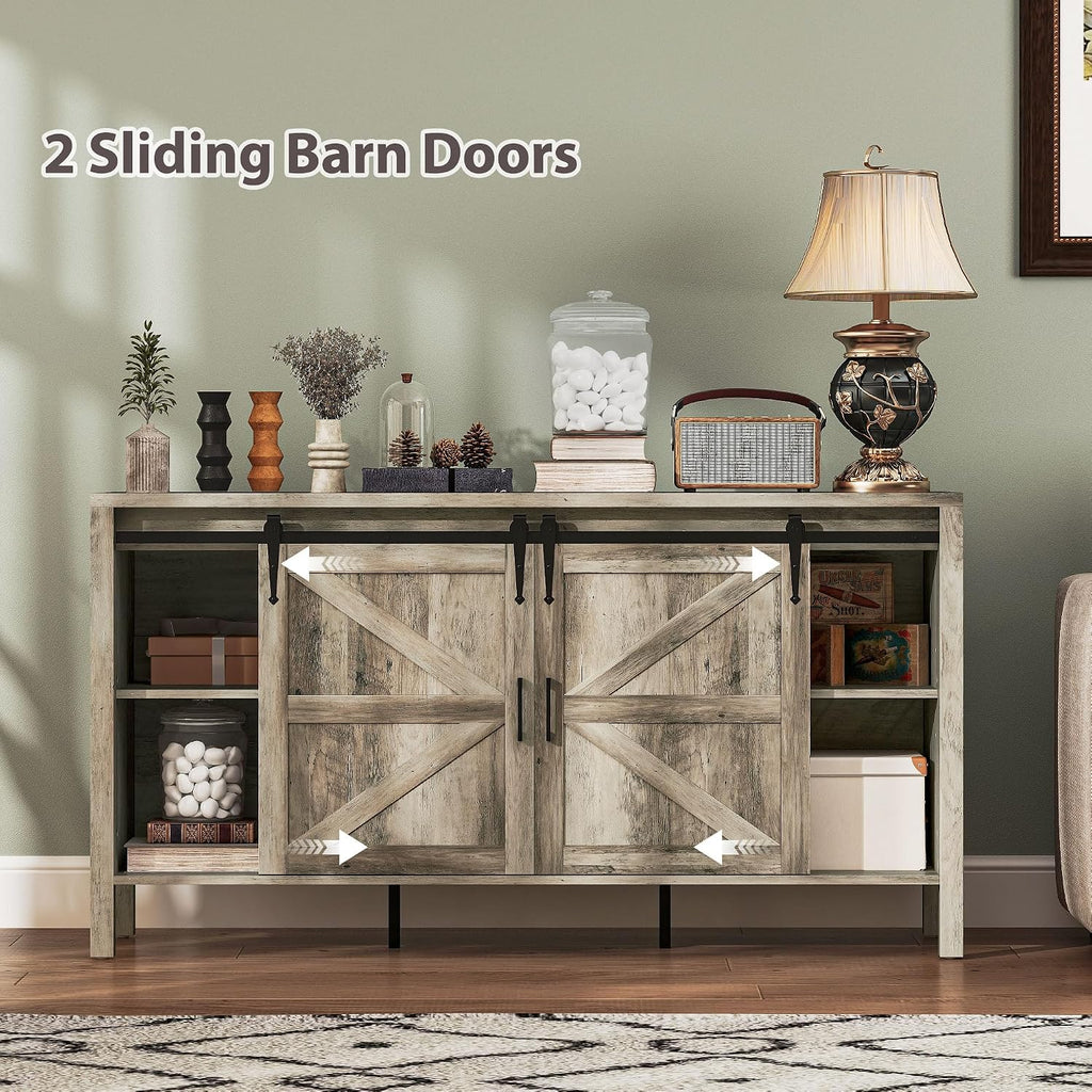 HOMCOM 59 Inch Farmhouse Sideboard Buffet Cabinet with Thick Top, Coffee Bar Cabinet with 2 Sliding Barn Doors, 4 Drawers and 2 Adjustable Shelves for Kitchen, Gray Wash