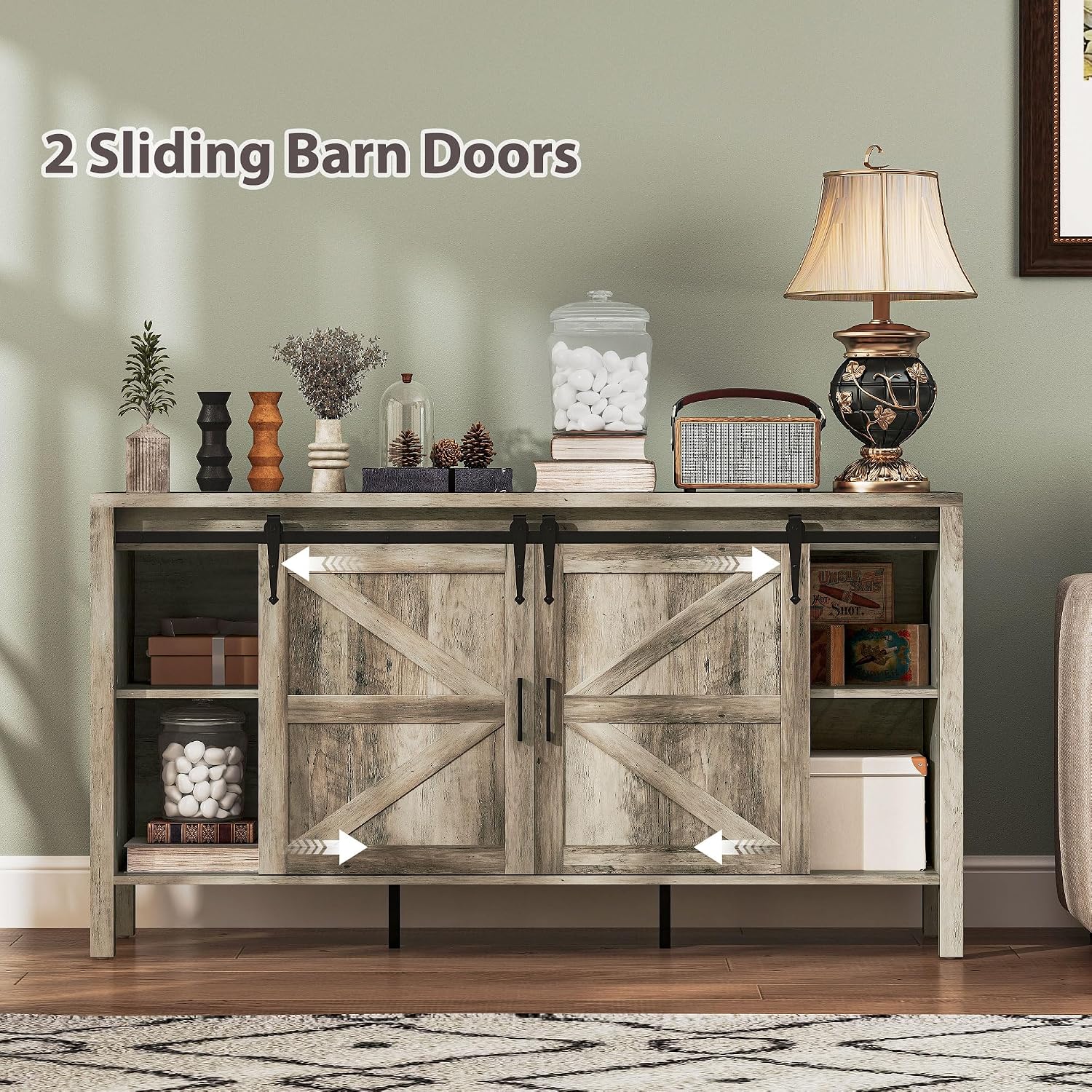 HOMCOM 59 Inch Farmhouse Sideboard Buffet Cabinet with Thick Top, Coffee Bar Cabinet with 2 Sliding Barn Doors, 4 Drawers and 2 Adjustable Shelves for Kitchen, Gray Wash