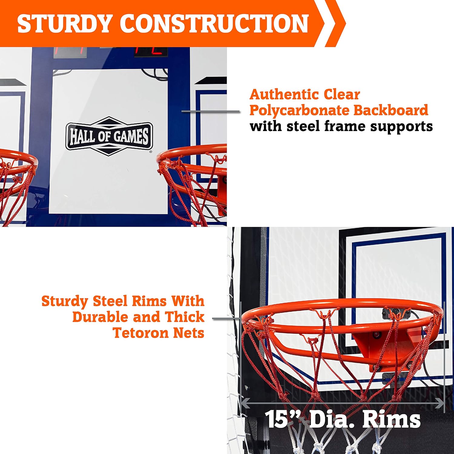 Hall of Games Premium Arcade Cage Basketball Game with Steel Frame and Polycarbonate Backboard