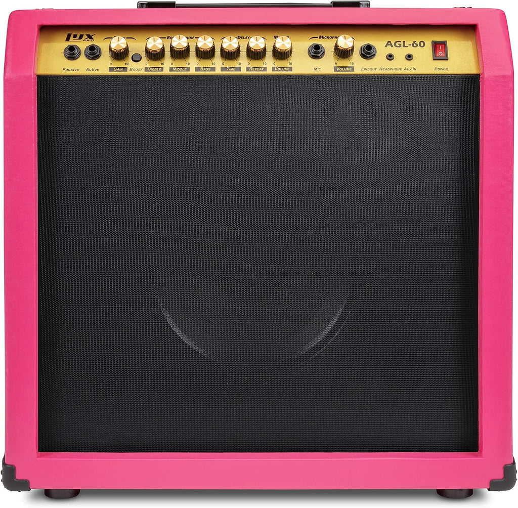 LyxPro 60 Watt Electric Guitar Amplifier | Combo Solid State Studio & Stage Amp with 10' 4-Ohm Speaker, Custom EQ Controls, Drive, Delay, ¼' Passive/Active/Mic Inputs, Aux In & Headphone Jack - Pink