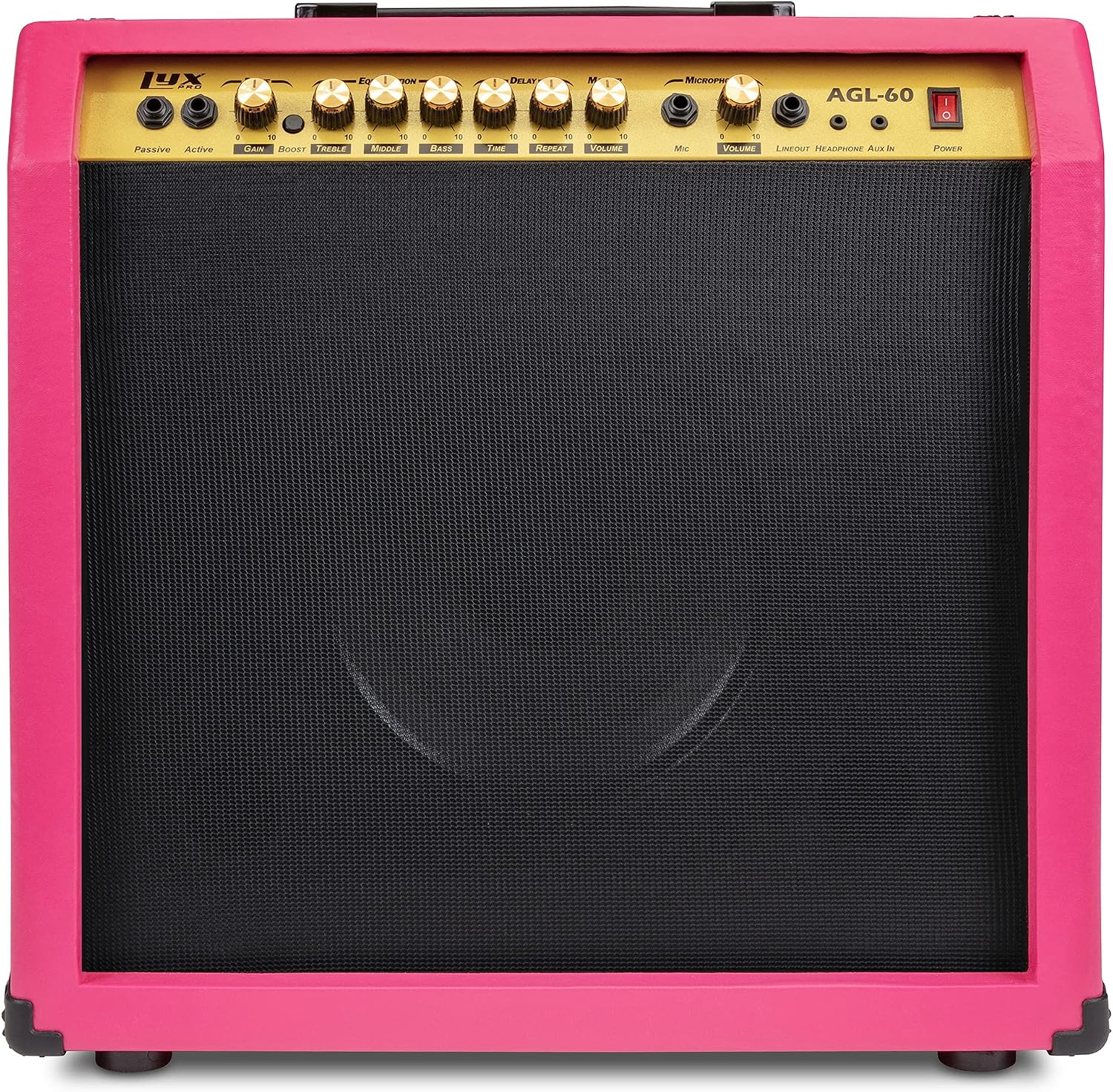 LyxPro 60 Watt Electric Guitar Amplifier | Combo Solid State Studio & Stage Amp with 10' 4-Ohm Speaker, Custom EQ Controls, Drive, Delay, ¼' Passive/Active/Mic Inputs, Aux In & Headphone Jack - Pink