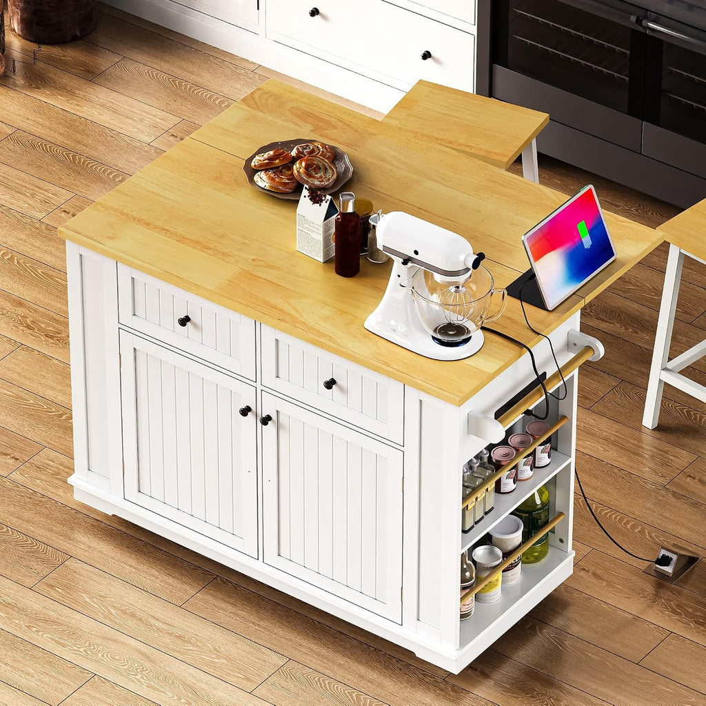 48 Inch Rolling Kitchen Island Storage Cart on 5 Wheels with Drop Leaf, Power Outlet, Door Internal Storage Rack, 5 Open Side Racks, 2 Drawers for Dining Room, Home Bar, White