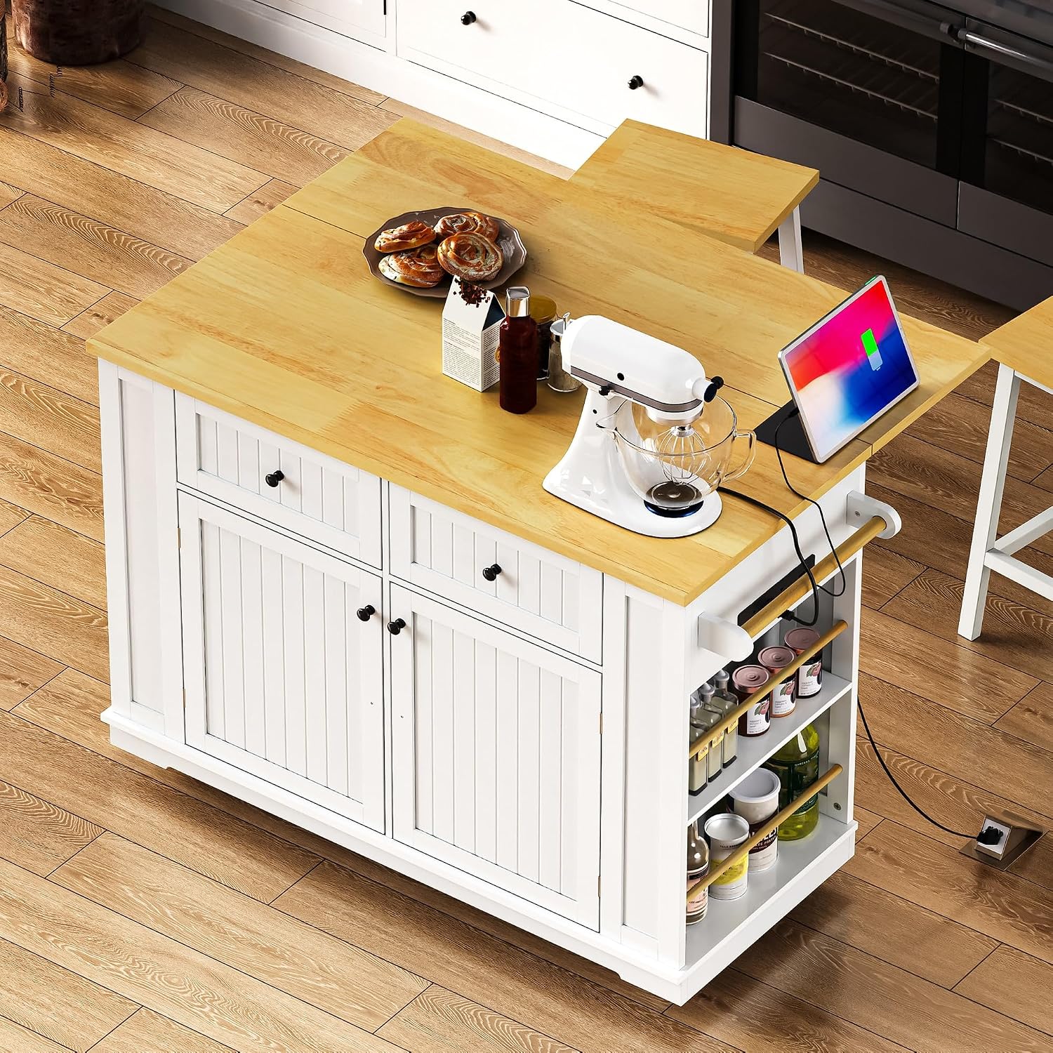 48 Inch Rolling Kitchen Island Storage Cart on 5 Wheels with Drop Leaf, Power Outlet, Door Internal Storage Rack, 5 Open Side Racks, 2 Drawers for Dining Room, Home Bar, White