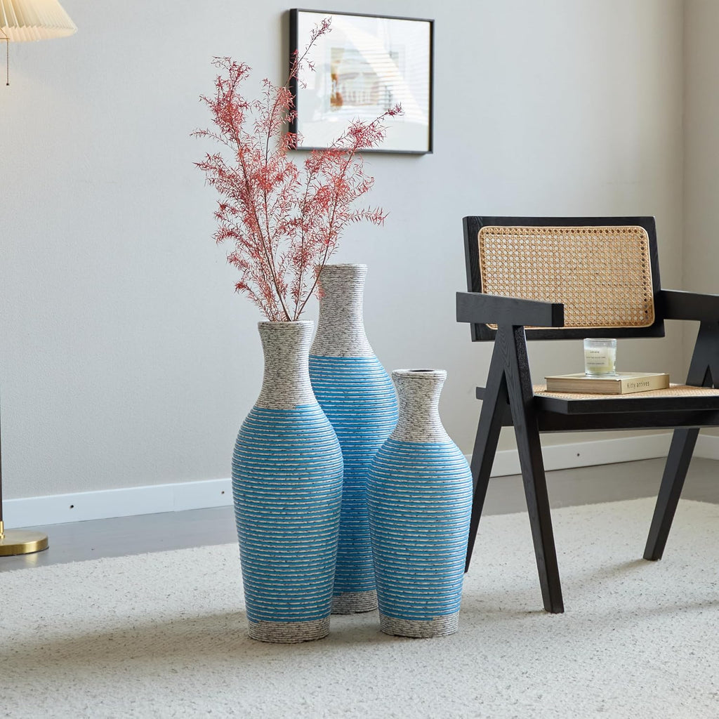 Floor PVC Decorated Vases Set of 3 for Gorgeous Home Decoration Large Classic Neat PVC Vases 20.4in/24.4in/28.3in Height (White+Blue)