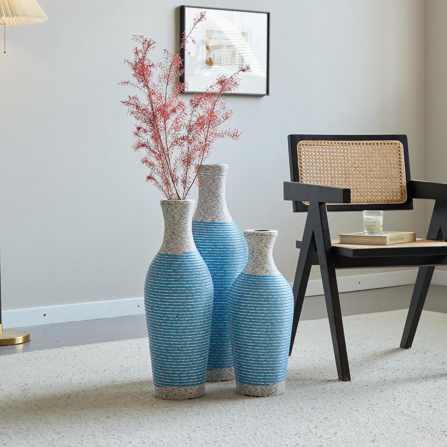 Floor PVC Decorated Vases Set of 3 for Gorgeous Home Decoration Large Classic Neat PVC Vases 20.4in/24.4in/28.3in Height (White+Blue)