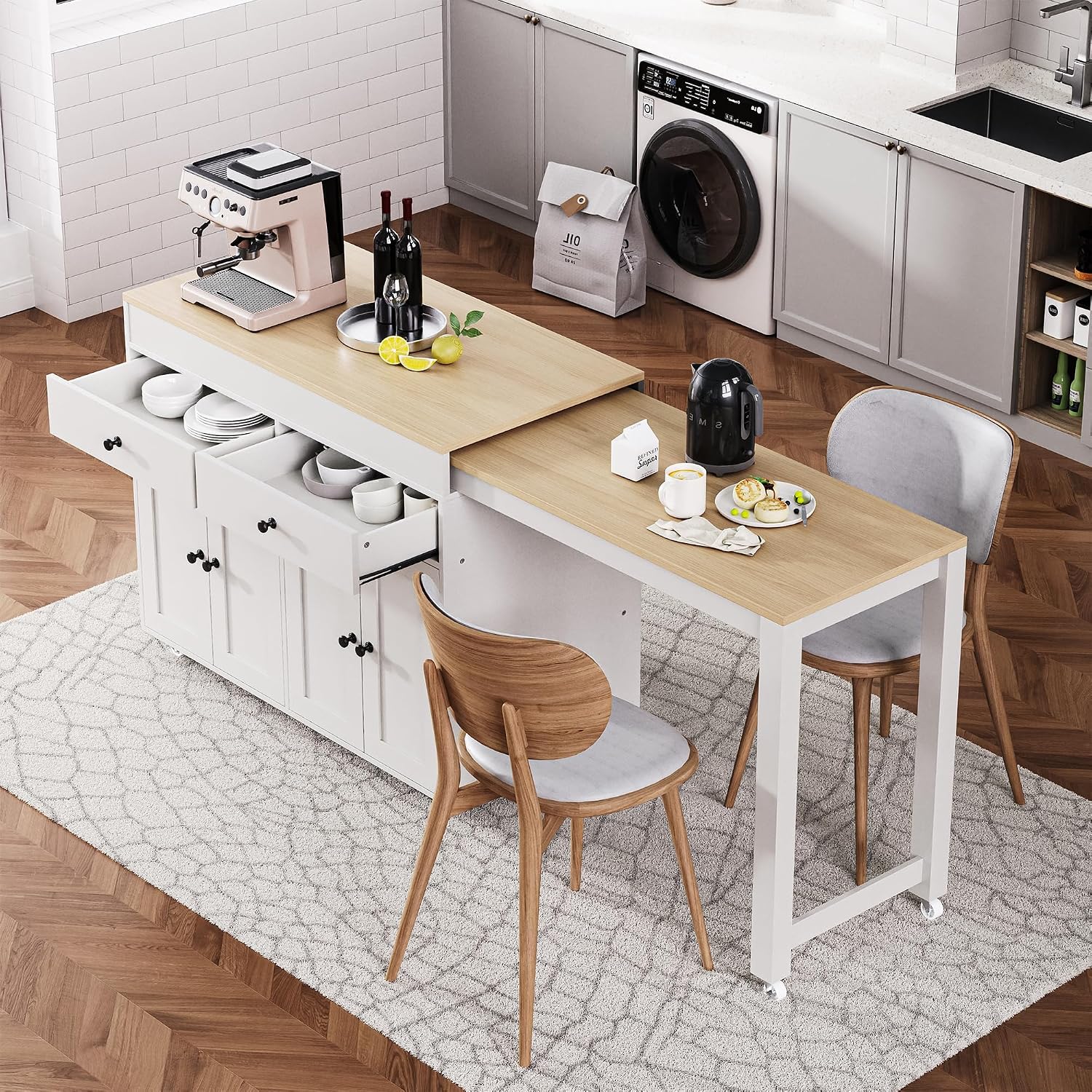 74.5' Rolling Kitchen Island with Extendable Dining Table, Kitchen Storage Cart on Wheels with 2 Drawers, Spice Rack, 4 Door Cabinet for Kitchen, Dining Room, White