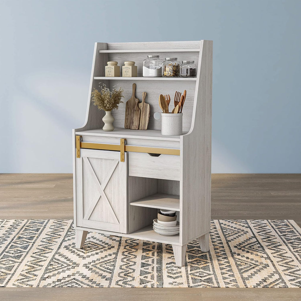 HOMES: Inside + Out Dover Farmhouse Multi-Storage with 7 Shelves 32 in. Kitchen Baker's Racks for Dishes, Spice Jar, Vases, and Chopping Board, White Oak