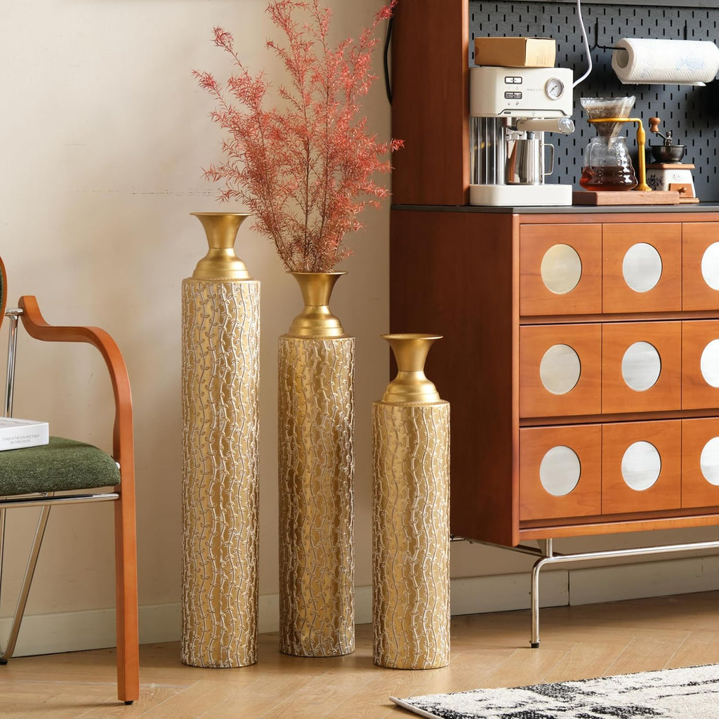 Floor Vases Decorative Tall - 34/29/25in Metal Extra Large Decorative Vase Set of 3, Gold Tall Floor Vase for Home Decor, Living Room Entryway Decor Dining Bedroom Home Corner Indoor Office