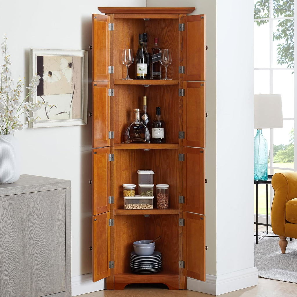 72' Corner Design Freestanding Storage Cabinet, Kitchen Storage Bakers Rack with Sleek Metal Handles, Utility Food Cupboard with 4-Tier Shelves for Kitchen, Bathroom, Living Room, Oak
