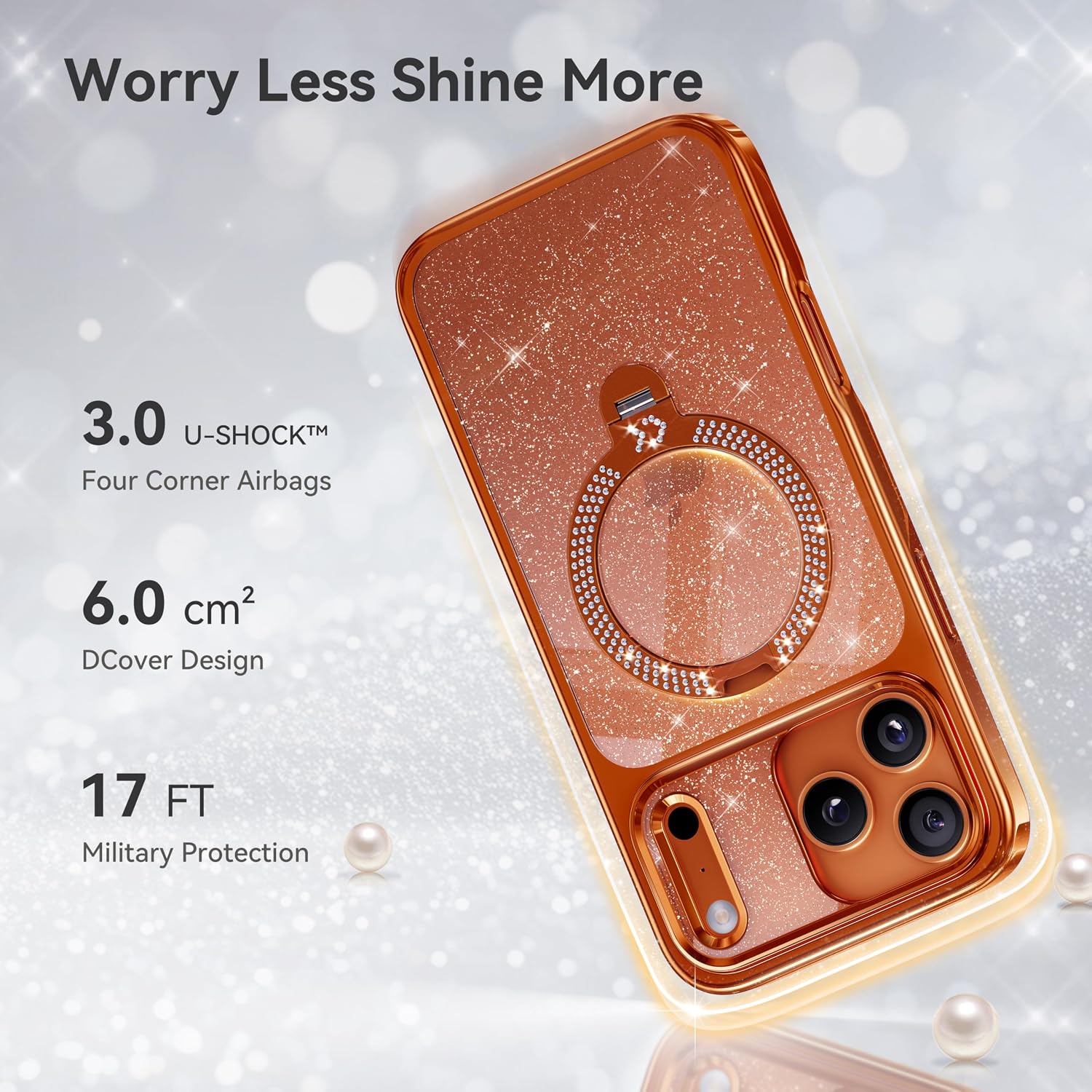 CASEKOO Cosmic Orange Swarovski Sparkle 360 Spin Magnetic Stand for Glossy iPhone 17 Pro Case for Women, Fit for MagSafe, 17FT Drop Protection, Design for 17 Pro Case, Diamond Orange Sparkle