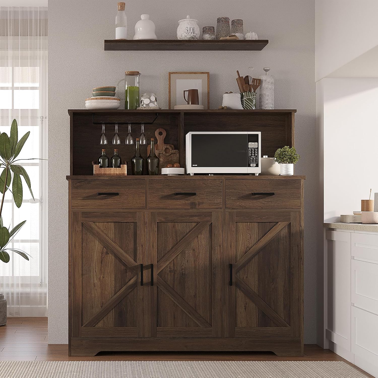 GarveeHome Farmhouse Sideboard Buffet with Microwave Stand, Barn Doors Buffet Storage Cabinet with Drawers and Shelves, Wood Coffee Bar Cabinet for Kitchen, Dining Room, Living Room, Brown