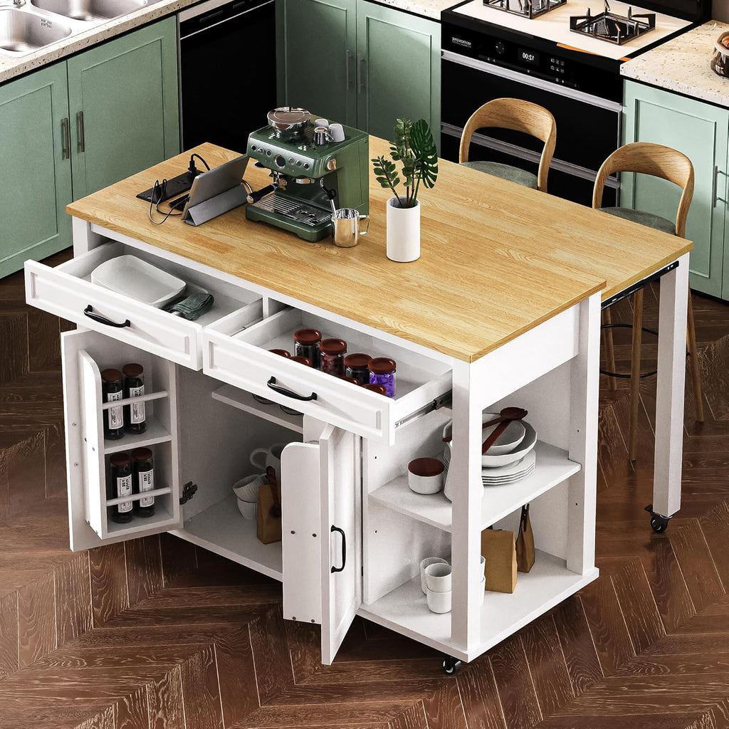 47' Kitchen Island with Extendable Dining Table, Rubber Wood Veneer Kitchen Table with Internal Storage Rack, Power Outlet, 2 Drawers, 2 Cabinet for Kitchen, Dining Room White