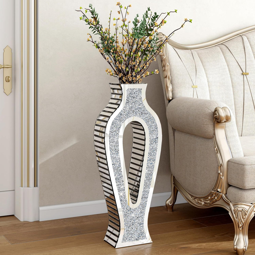 SHYFOY Mirror Floor Vase with Silver Crystal Diamond Accents – Modern Hollow Tall Glass Vases for Living Room Decor, 30'' Large Shiny Bling Vase for Pampas Grass or Faux Flowers