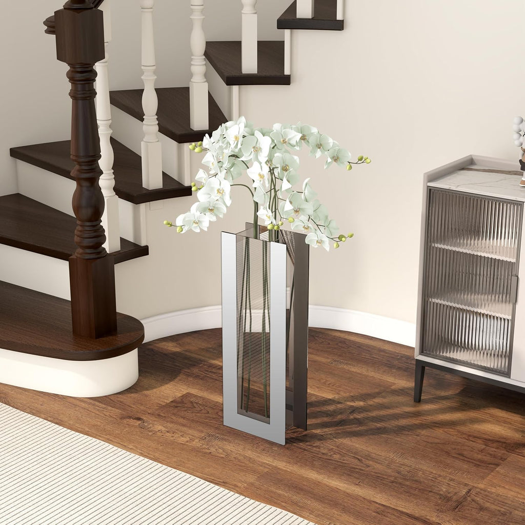 Large Floor Vase, 23.74' Tall Mirrored Vase Glass for Floor Silver Rectangular Decorative Vases Modern for Luxury Living Room Hallway Corner Decor