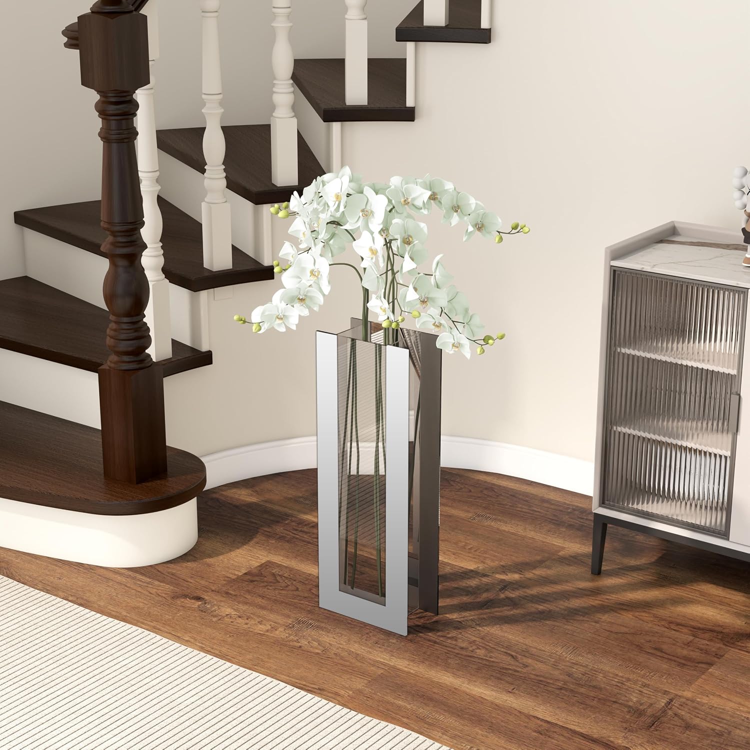Large Floor Vase, 23.74' Tall Mirrored Vase Glass for Floor Silver Rectangular Decorative Vases Modern for Luxury Living Room Hallway Corner Decor