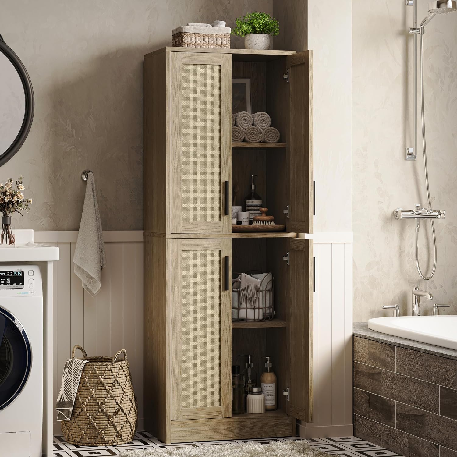 Pantry Cabinet - Tall Kitchen Pantry Storage Cabinet with 4 Rattan Doors and Adjustable Shelves, Wood Cupboard for Kitchen, Dining Room, Bathroom, Hallway, Laundry Room, Living Room