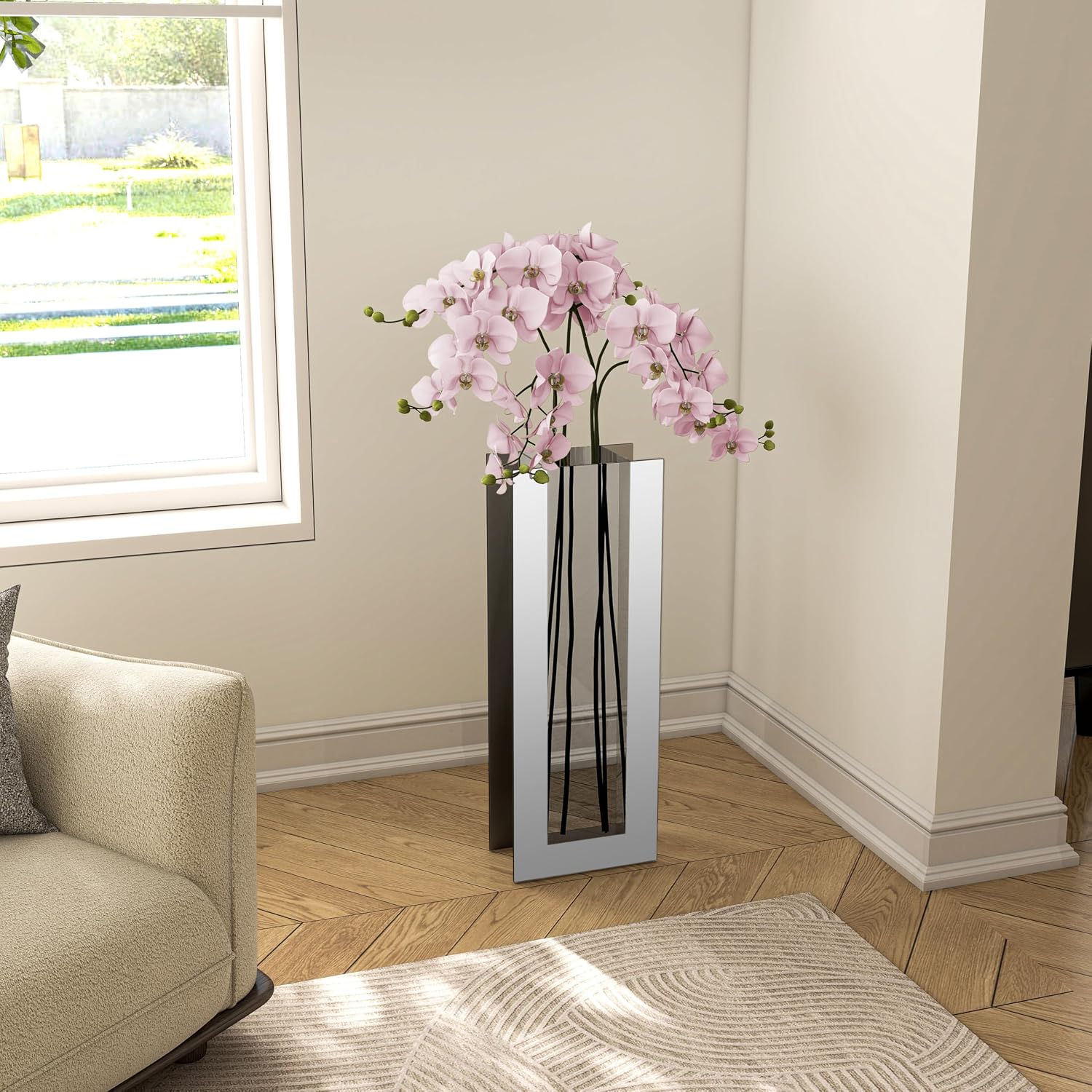 Large Floor Vase, 23.74' Tall Mirrored Vase Glass for Floor Silver Rectangular Decorative Vases Modern for Luxury Living Room Hallway Corner Decor
