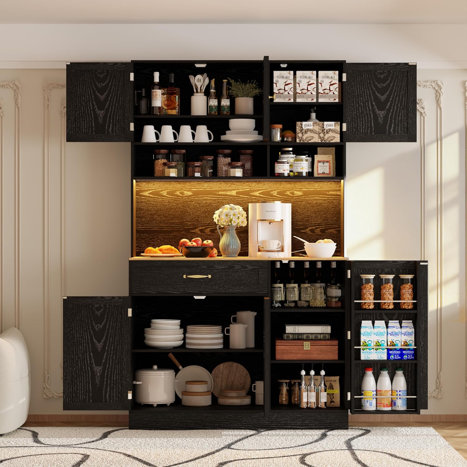 FJTJBSI 72' Kitchen Pantry Cabinet with LED Light and Charging Station Tall Pantry Storage Cabinet with Adjustable Shelves and Door Shelves Modern Kitchen Hutch with Countertop Black