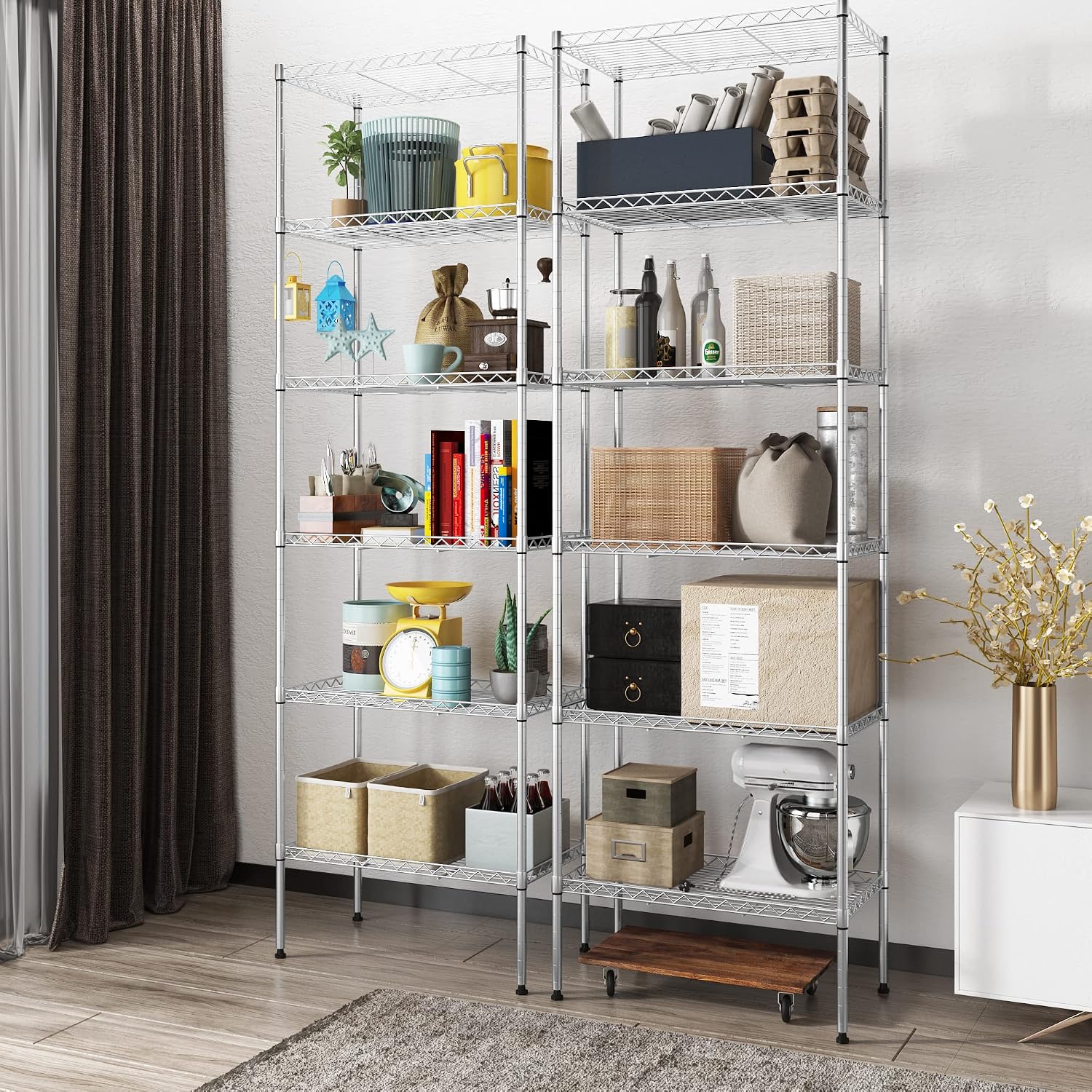 Himimi 6 Tier Storage Shelf Wire Shelving Unit Adjustable Rack Free Standing Organization with Leveling Feet, Stainless Side Hooks for Laundry Bathroom Kitchen Pantry Closet,2-Pack Shelves,Silver