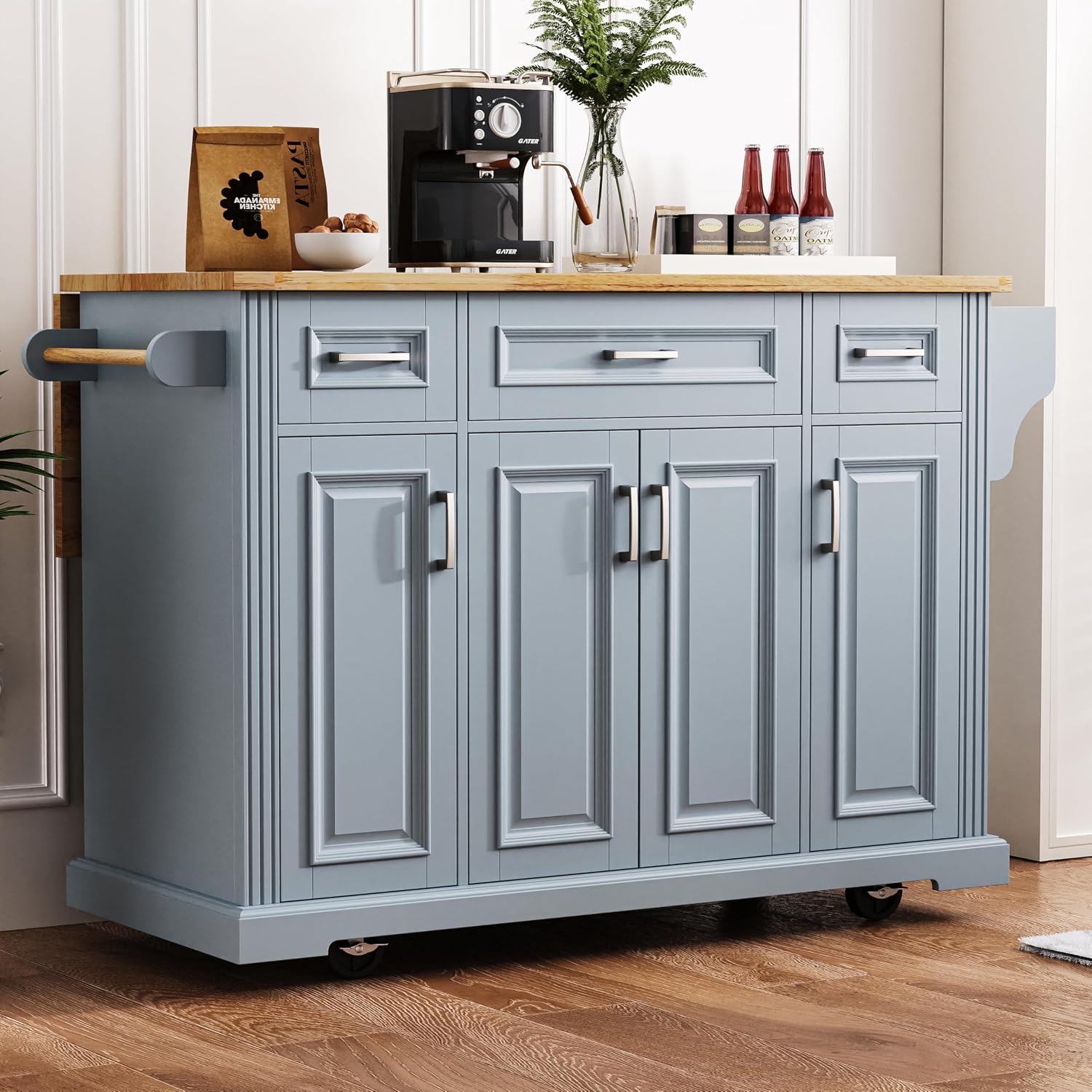 54' Rolling Storage Kitchen Island Cart on 4 Wheels with Drop Leaf, Embossed Texture, 4 Doors and 3 Drawers for Kitchen, Dining Room, Grey Blue, Rubber Wood Top