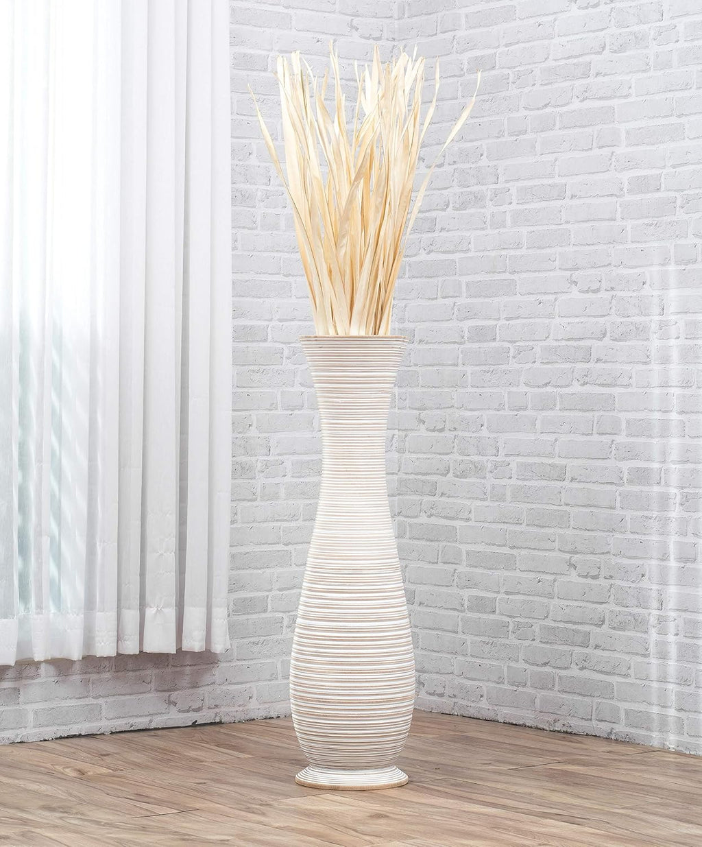 Leewadee Large White Wash Home Decor Floor Vase – Wooden 36 inches Tall Farmhouse Decor Flower Holder for Fake Plant and Pampas Grass