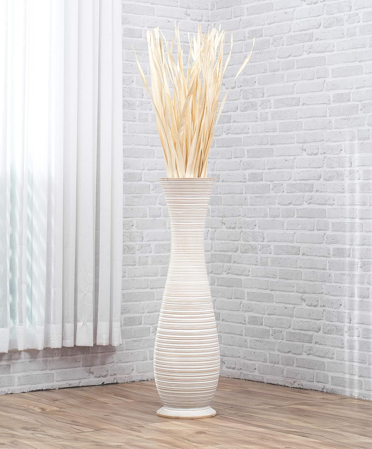 Leewadee Large White Wash Home Decor Floor Vase – Wooden 36 inches Tall Farmhouse Decor Flower Holder for Fake Plant and Pampas Grass