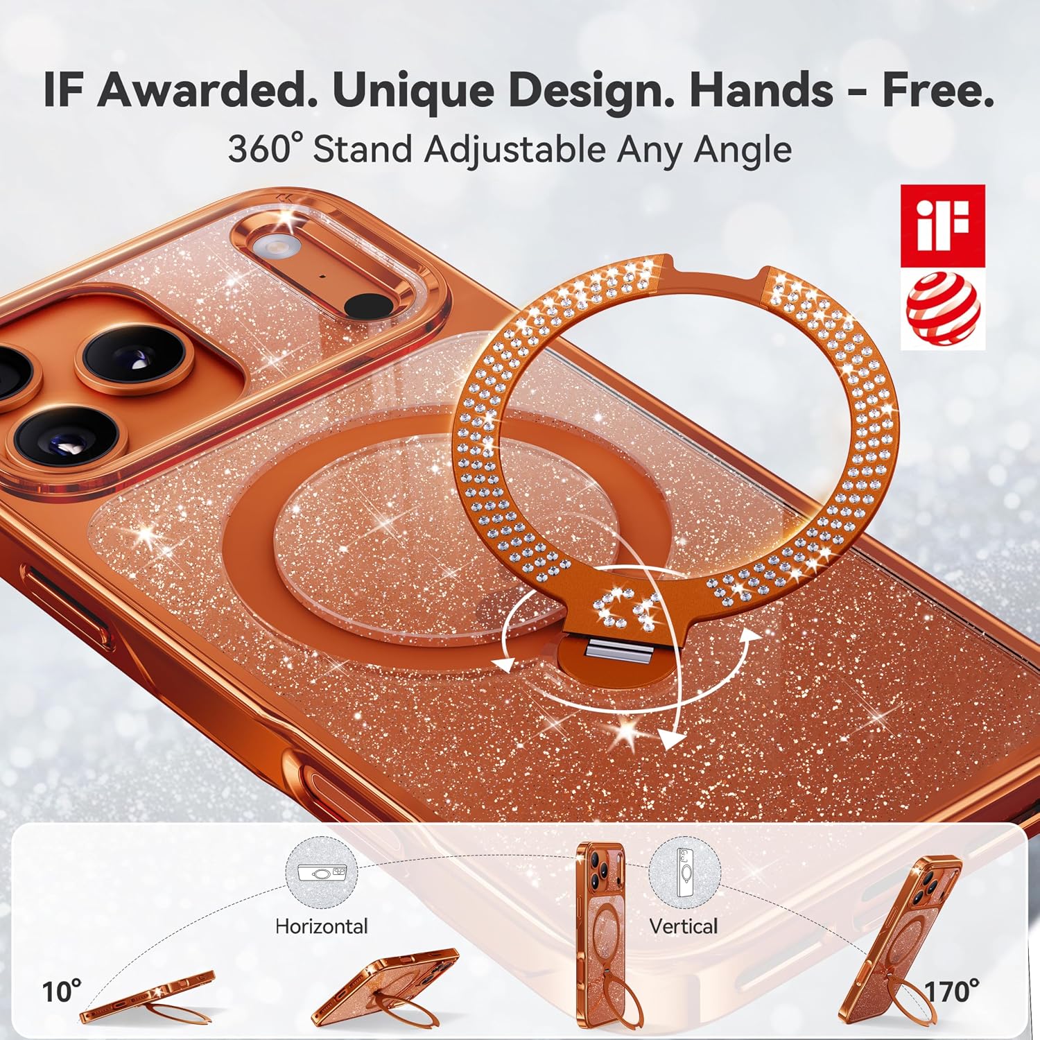 CASEKOO Cosmic Orange Swarovski Sparkle 360 Spin Magnetic Stand for Glossy iPhone 17 Pro Case for Women, Fit for MagSafe, 17FT Drop Protection, Design for 17 Pro Case, Diamond Orange Sparkle