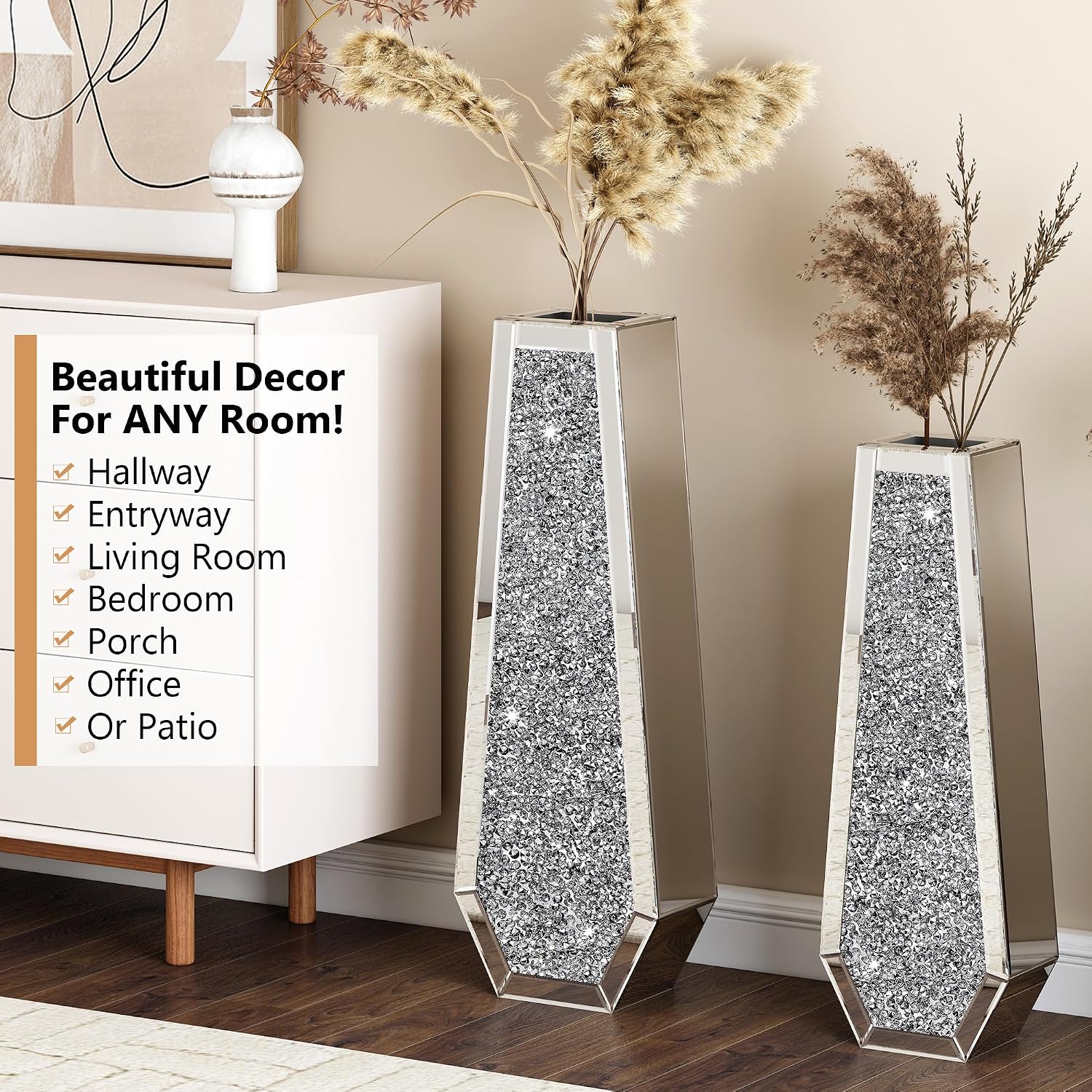 SHYFOY 30' Floor Vase Crushed Diamond Mirrored Vase Silver Tall Vases for Floor, Large Crystal Glass Decorative Floor Vases for Living Room Office Corner Hallway Home Decor