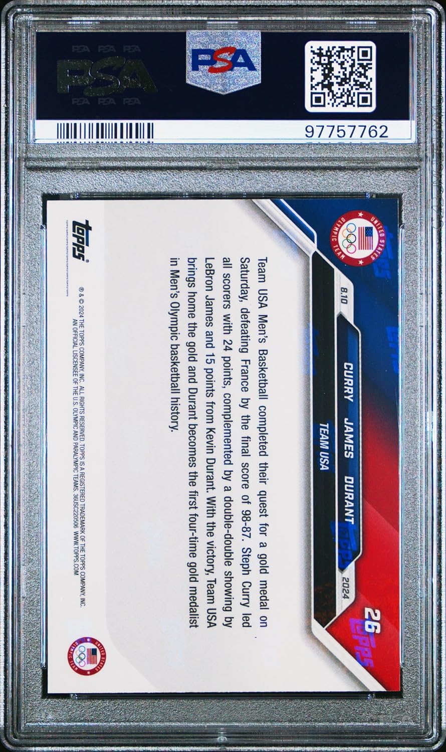 2024 Topps Now Olympics USA Gold Medal Basketball Card #26 | Stephen Curry, LeBron James, Kevin Durant | Graded PSA 10 (Cert#97757762), Authenticated NBA Basketball Cards