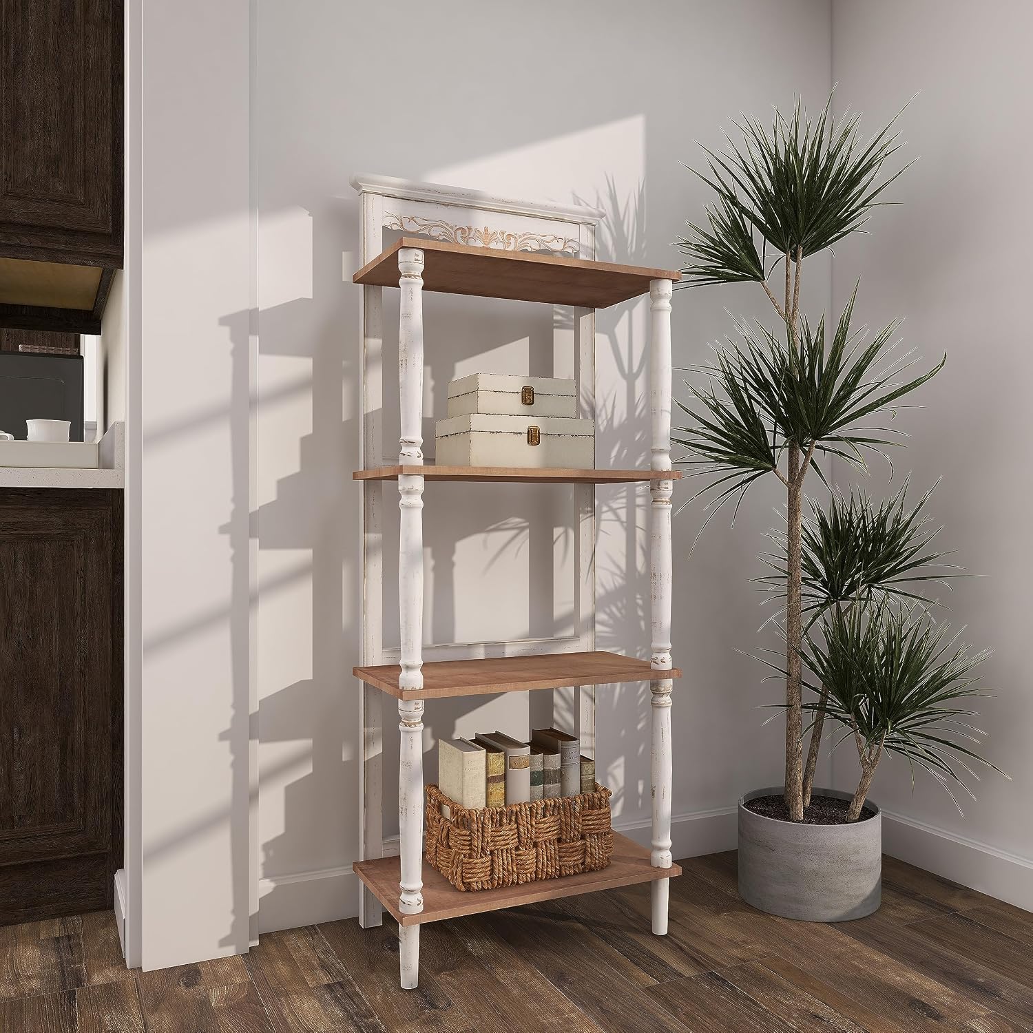 Deco 79 Wood Floral Intricately Carved 4 Shelf Shelving Unit, 22' x 13' x 57', White